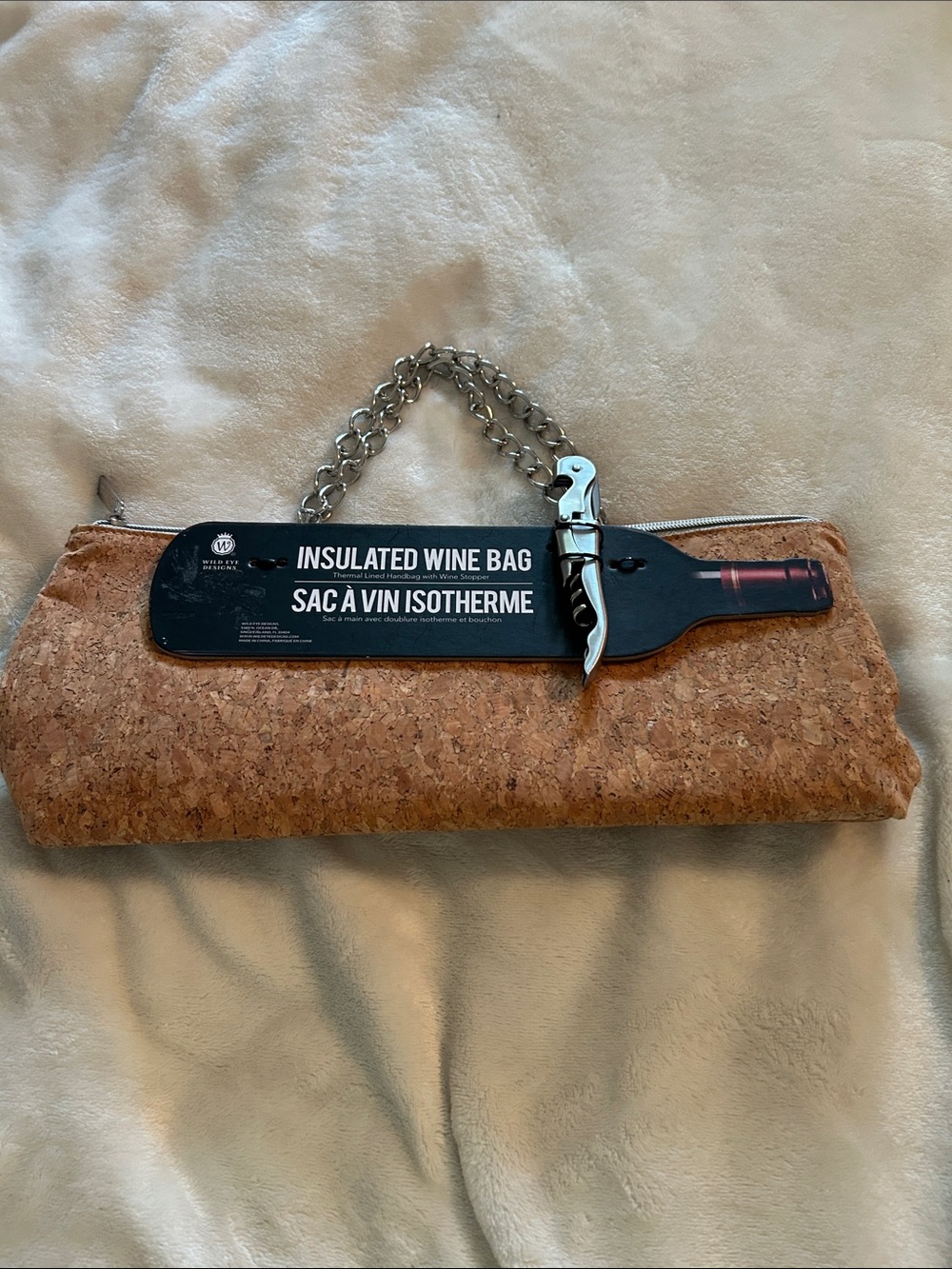 Insulated Cork Wine Tote with Chain Handle - Brown